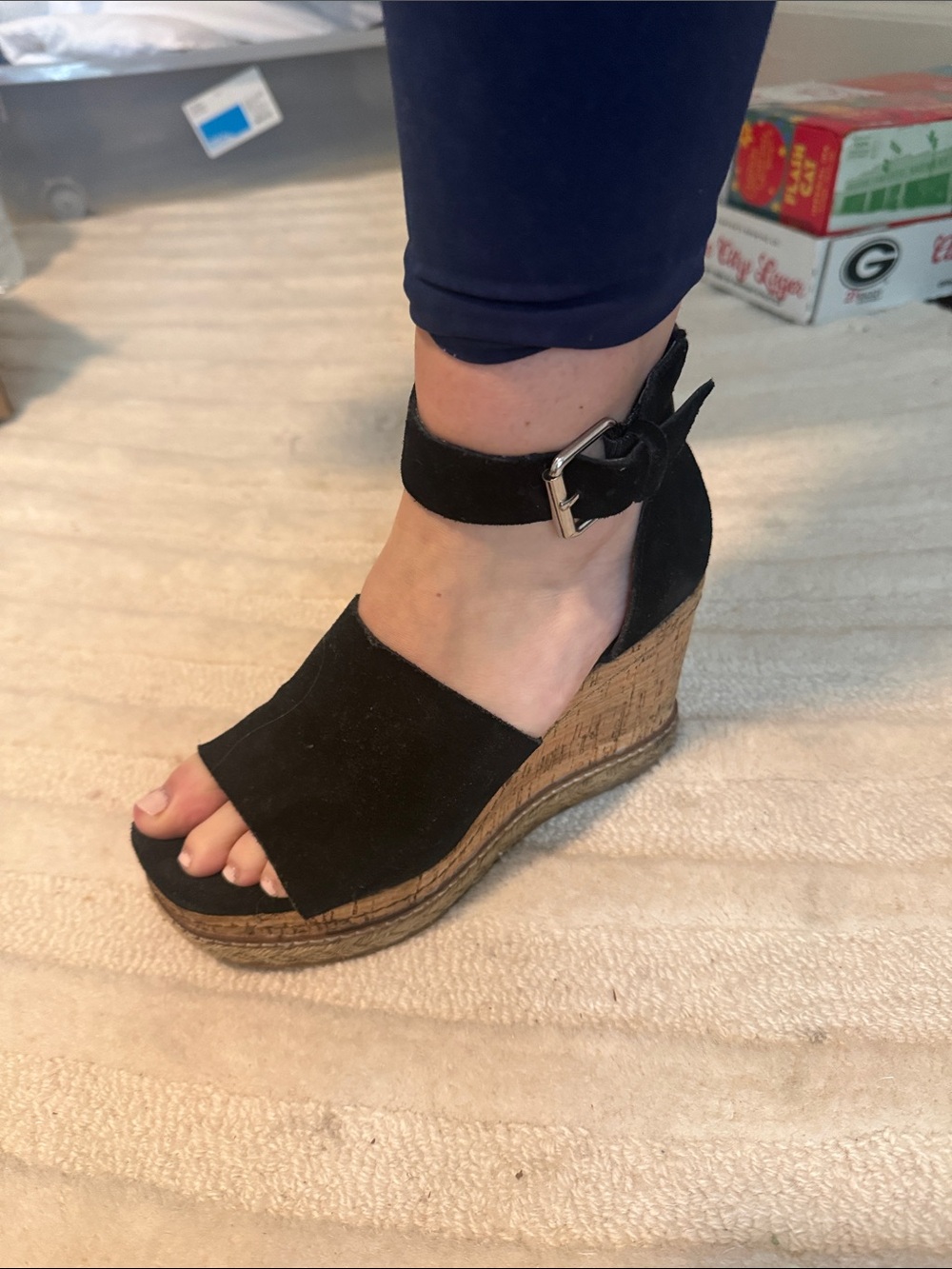 Dolce Vita Black Suede Cork Wedge Sandals with Ankle Buckle